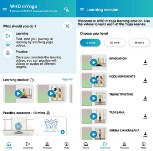 WHO mYoga App learning sessions audio video sections