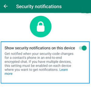 Show security notifications on this device whatsapp setting