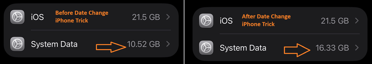 iPhone date change trick storage before and after